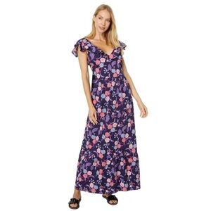 NWT H Halston Sleeveless Ruffled Strap Dress Batik Blossom Black Floral Maxi New